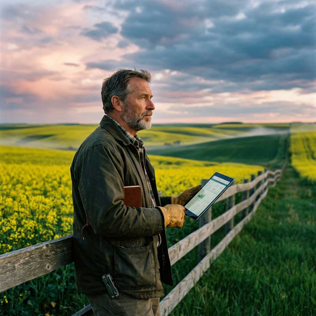 Landowner reviewing lease data at field boundary