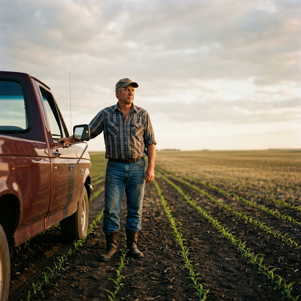 Farmer surveying leased cropland from truck at sunrise