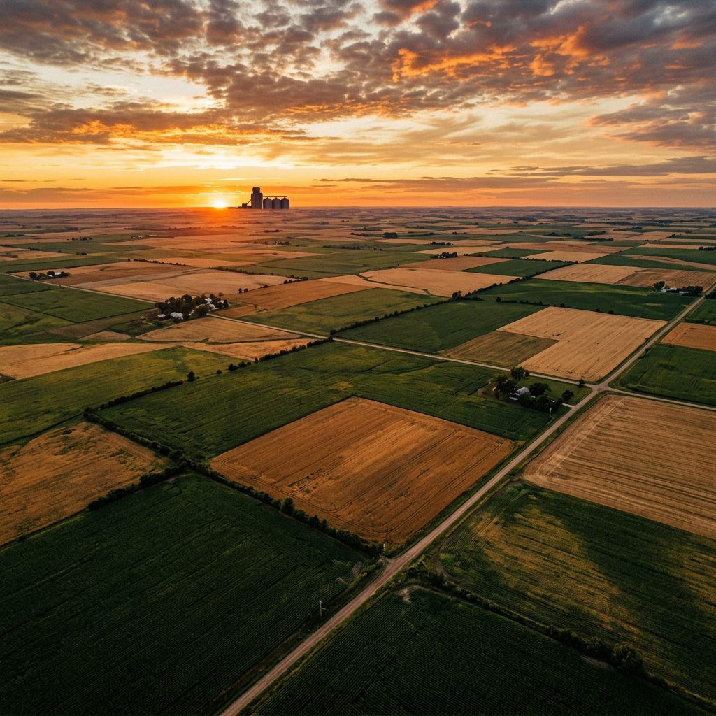 Aerial view of Canadian prairie farmland parcels at sunset