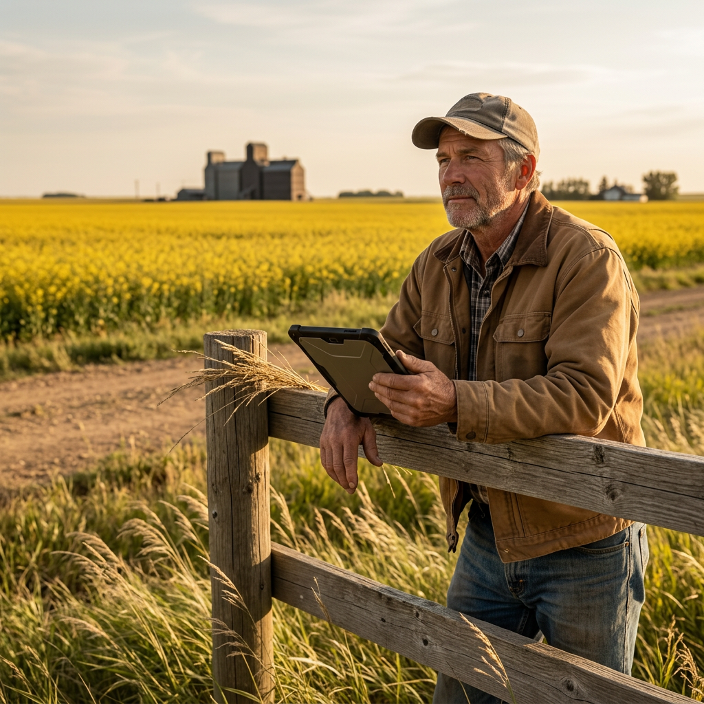 Landowner reviewing bids at field fence with tablet