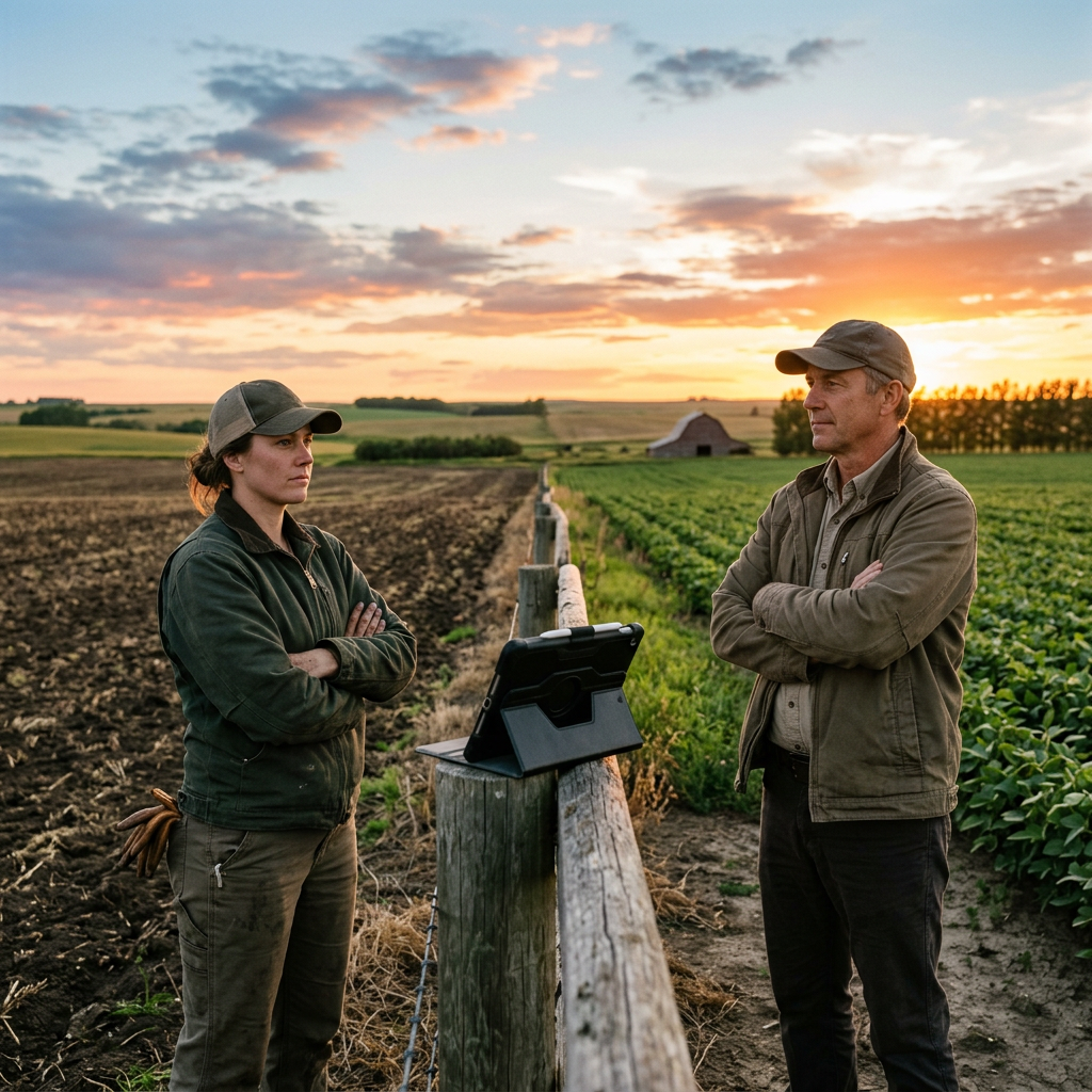 Landowner and farmer reviewing lease at fence line
