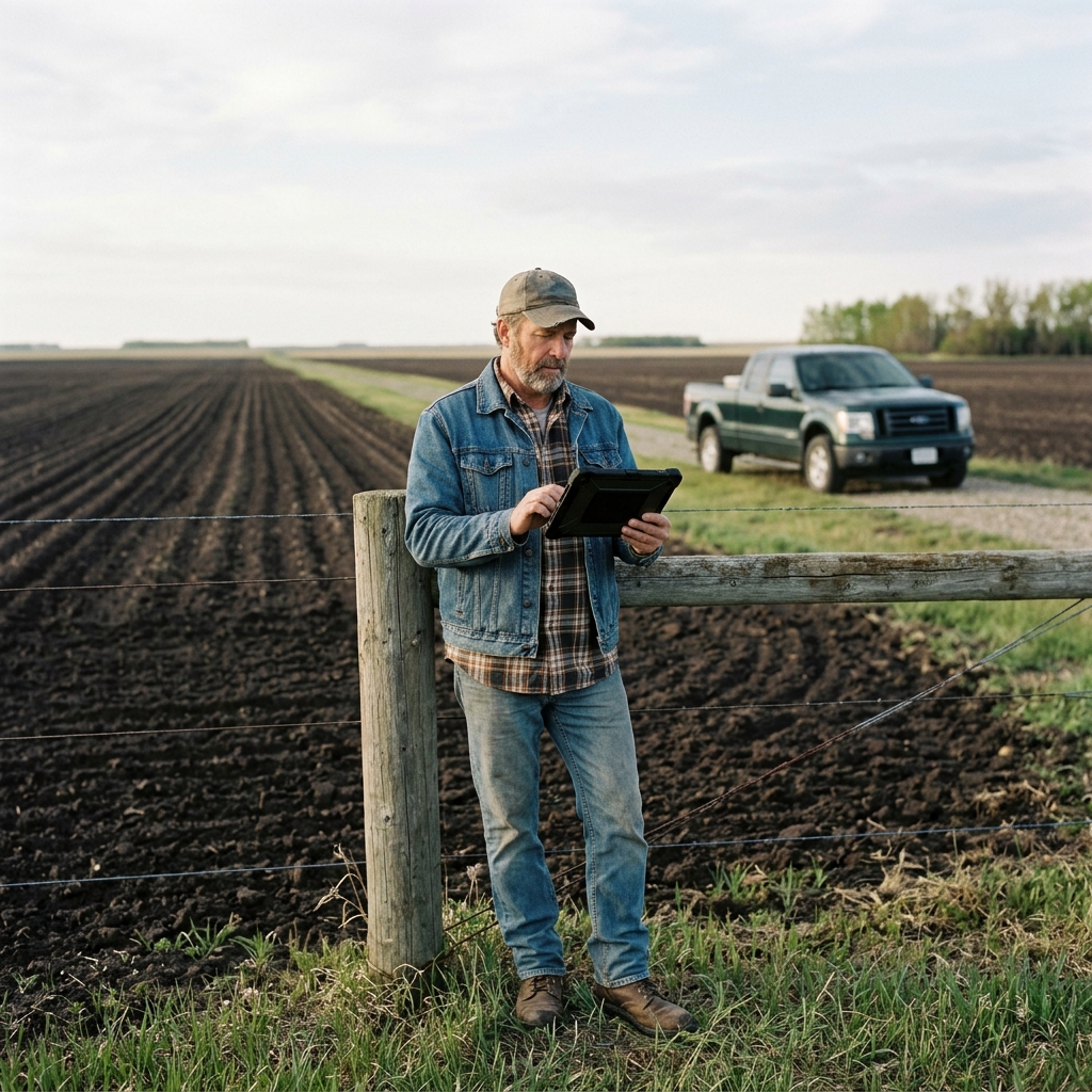 Farmer reviewing farmland rental listing on tablet