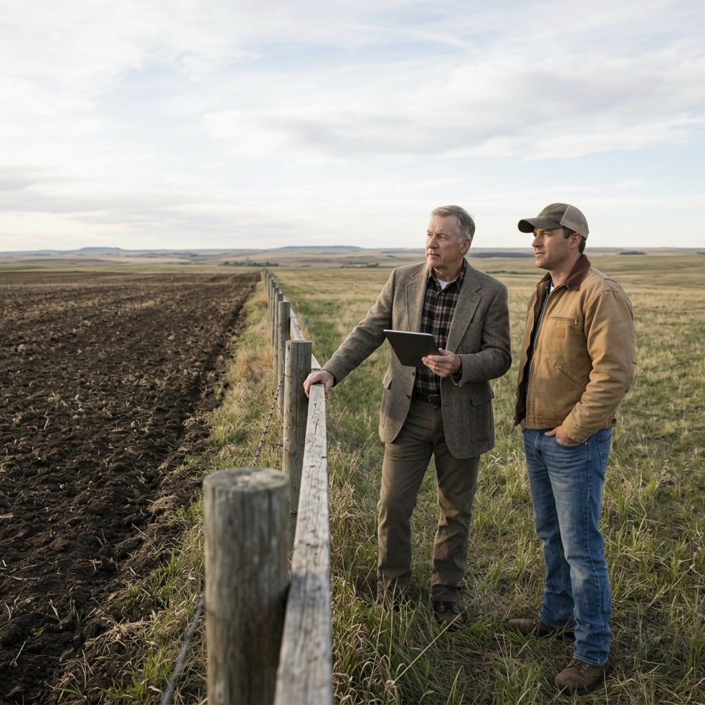 Landowner and farmer reviewing lease agreement at fence line