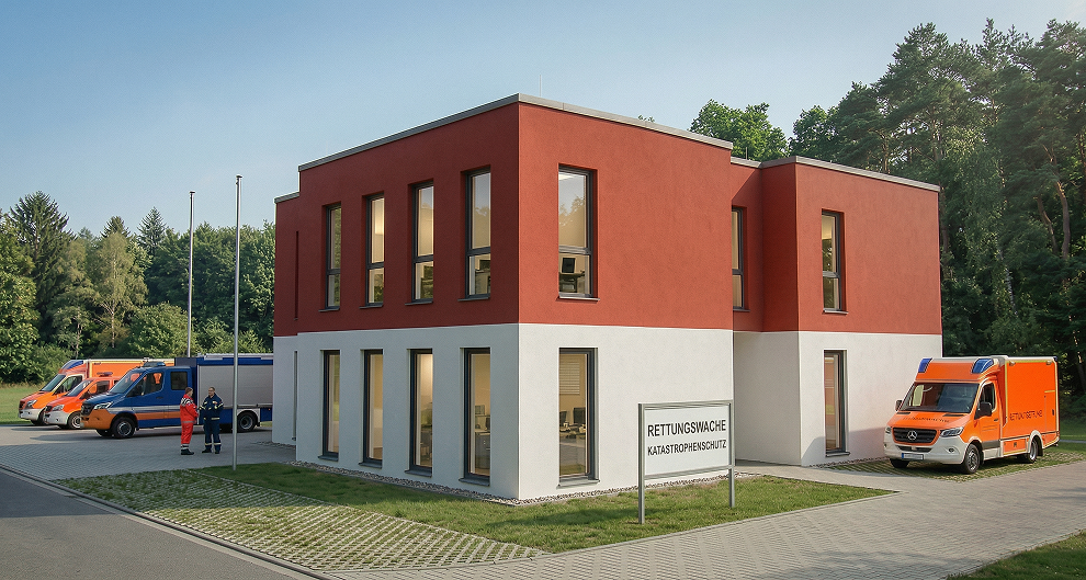 Zweigeschossiges Gewerbegebäude mit Flachdach und rot-weißer Fassade für Katastrophenschutz