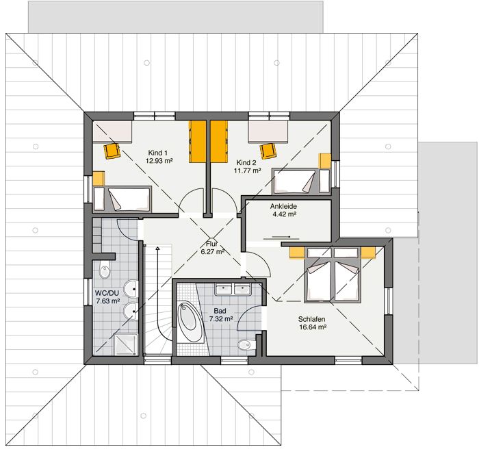 Einfamilienhaus mit Satteldach - Obergeschoss-Grundriss mit 3 Kinderzimmern und Elternbereich