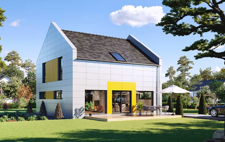 Einfamilienhaus mit Satteldach, weißer Putzfassade, gelben Akzenten und überdachter Terrasse