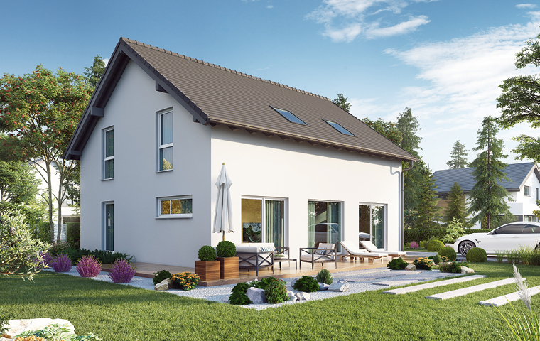 Einfamilienhaus mit Satteldach, weißer Fassade, großen Fenstern, Dachfenstern und überdachter Terrasse