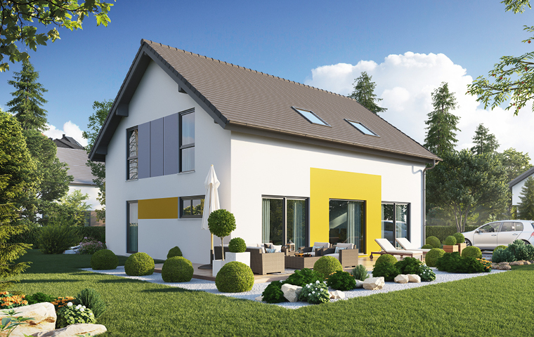 Einfamilienhaus mit Satteldach, gelbe Fassadenakzente, Dachfenster und Terrasse mit gepflegtem Garten