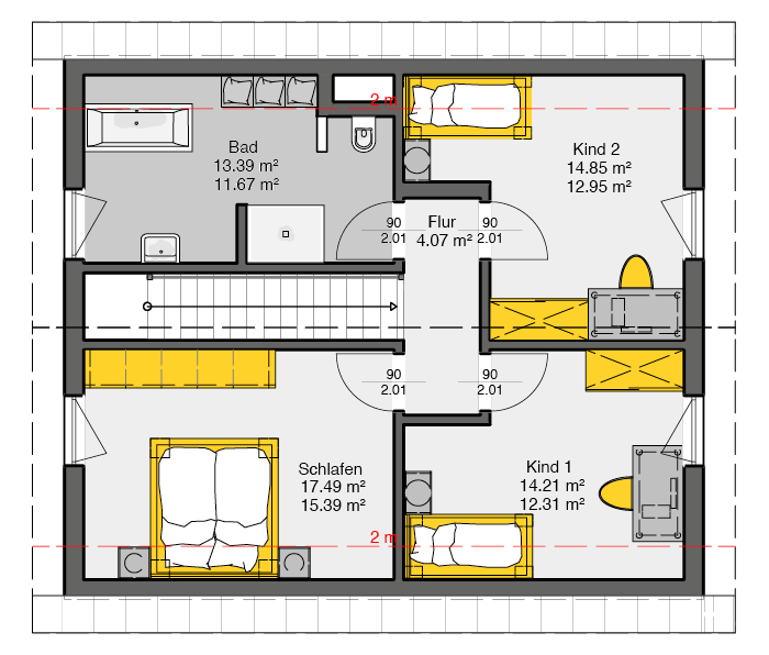 Einfamilienhaus mit Satteldach Obergeschoss-Grundriss mit 4 Schlafzimmern und Bad mit Badewanne