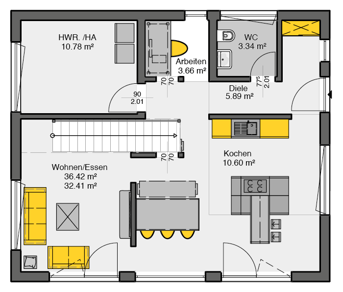 Einfamilienhaus mit Satteldach Grundriss Erdgeschoss mit offener Wohn-Ess-Küche und Arbeitszimmer