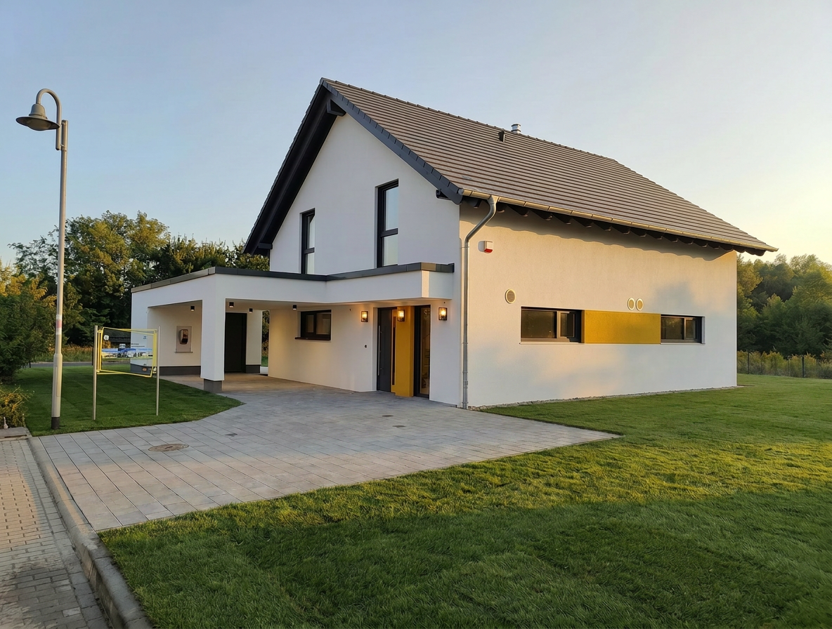 Musterhaus mit Satteldach und überdachter Terrasse in weißer Putzfassade mit gelben Fensterakzenten
