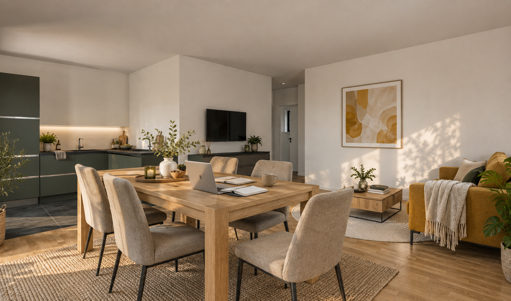 Offener Wohn-Ess-Küchenbereich mit dunkelgrüner Küche, Holztisch und senfgelbem Sofa auf hellem Parkettboden