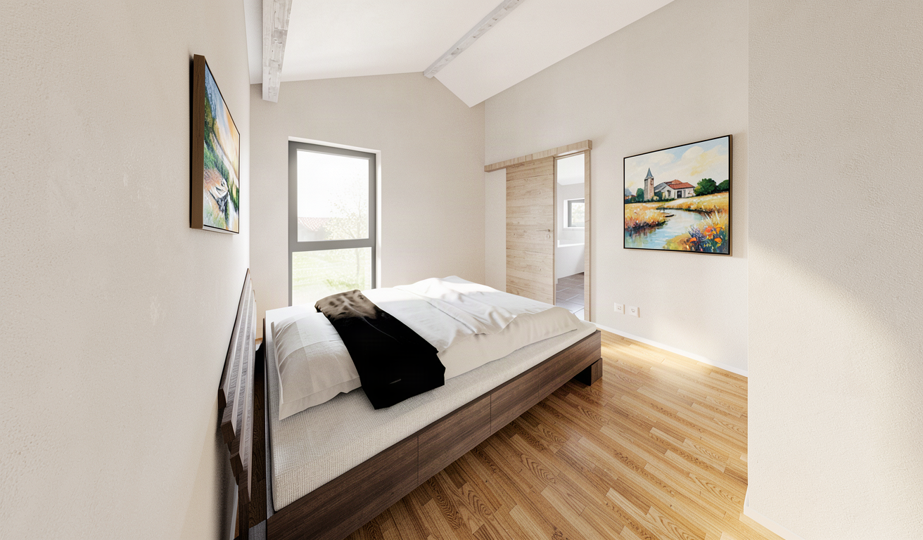 Schlafzimmer mit Dachschräge, sichtbaren Holzbalken, hellem Parkett und Doppelbett mit Holzkopfteil