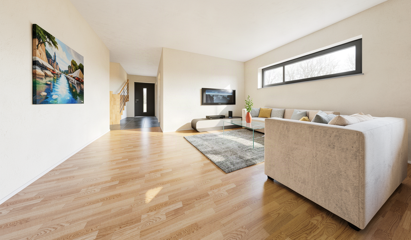 Wohnzimmer mit Holzparkett, Ecksofa, Fensterband und Holztreppe mit Metallgeländer im Hintergrund