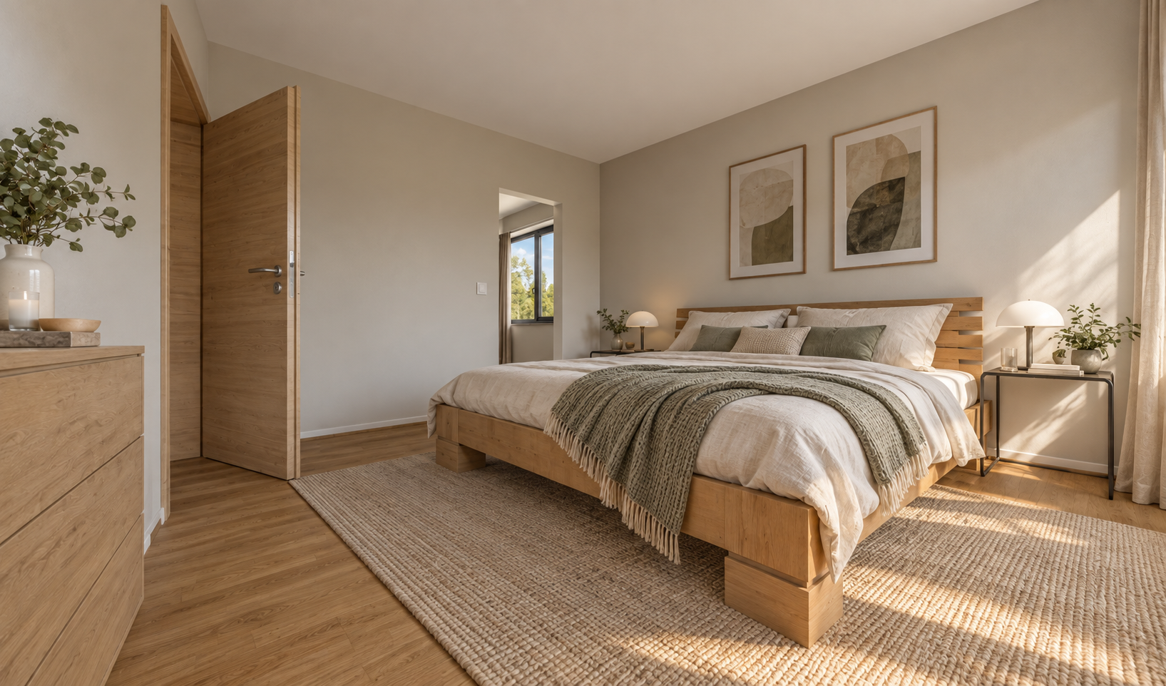 Schlafzimmer mit Doppelbett aus hellem Holz, Parkettlaminat und Juteteppich, Blick zur Türöffnung mit Tageslichteinfall