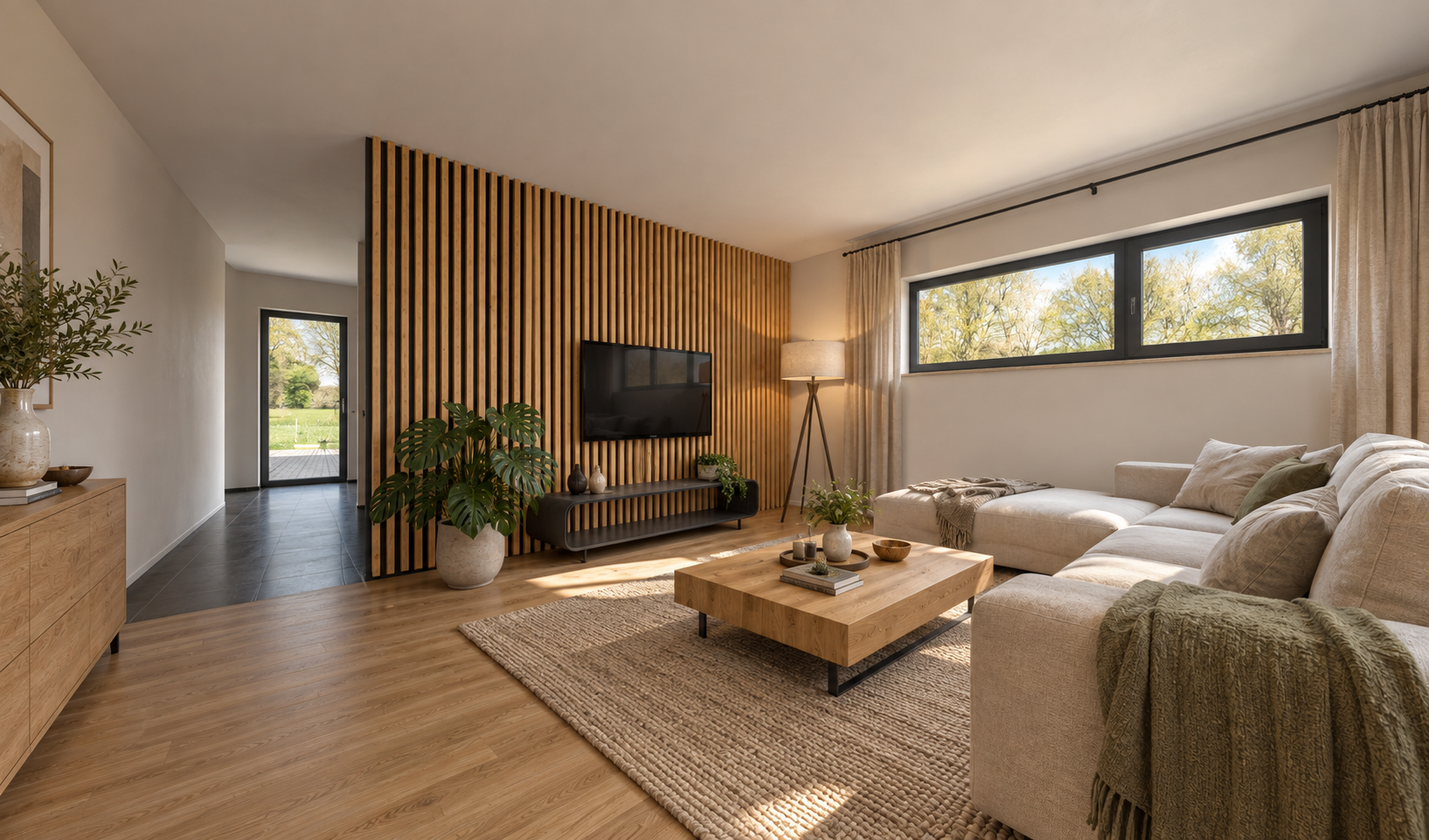 Wohnzimmer mit Holzlamellenakzentwand, Ecksofa, Panoramafenstern und Blick auf Holzterrasse