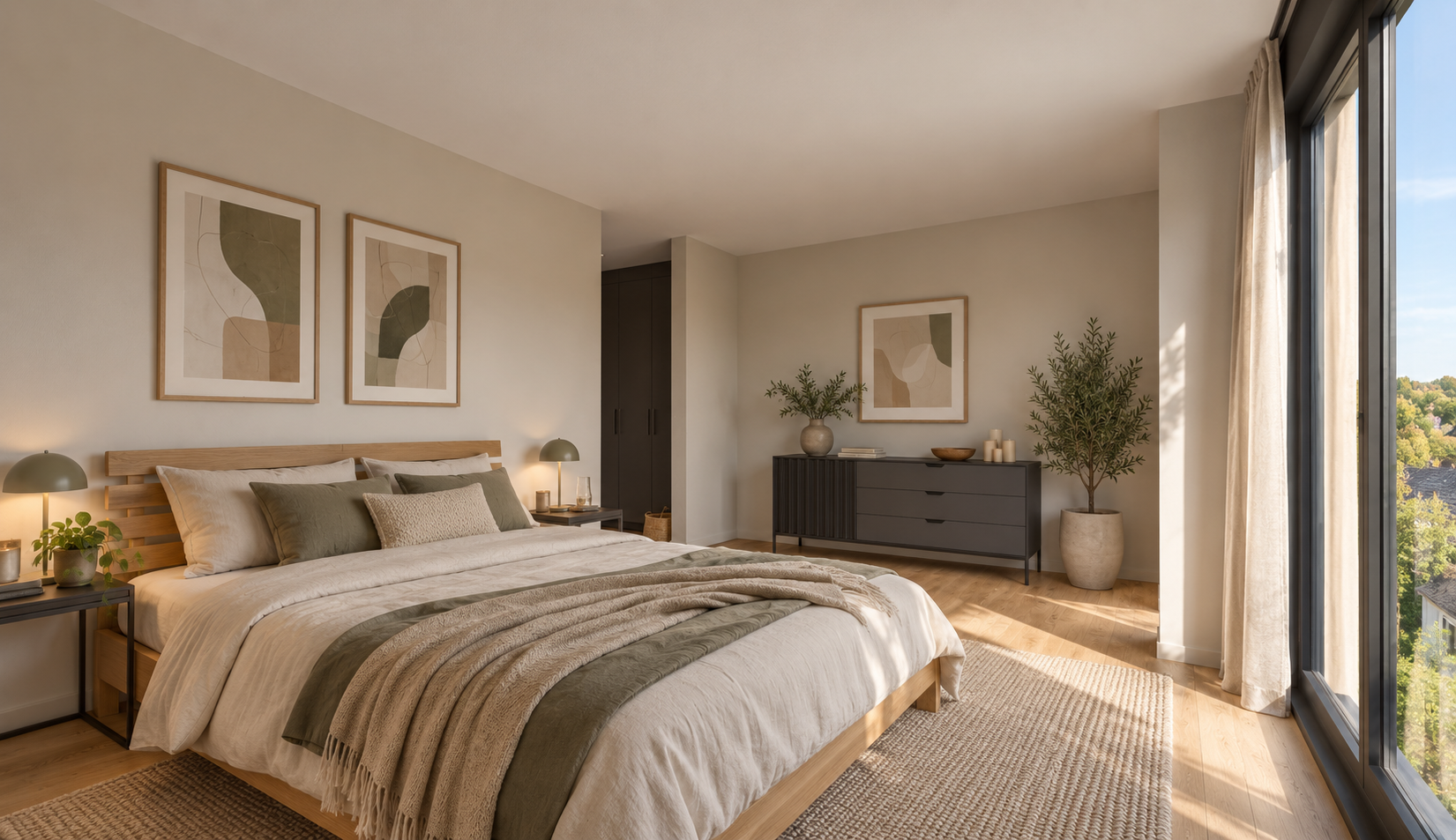 Schlafzimmer mit Doppelbett, Holzrahmen, hellem Parkett und raumhohen Fenstern mit Leinenvorhängen