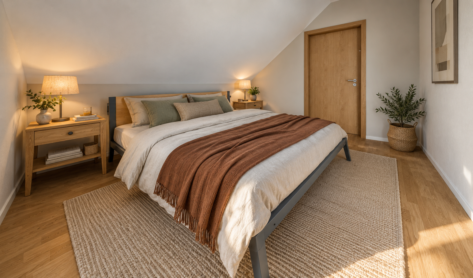 Schlafzimmer mit Dachschräge, Doppelbett, Holzparkett und Naturfaserteppich im Einfamilienhaus