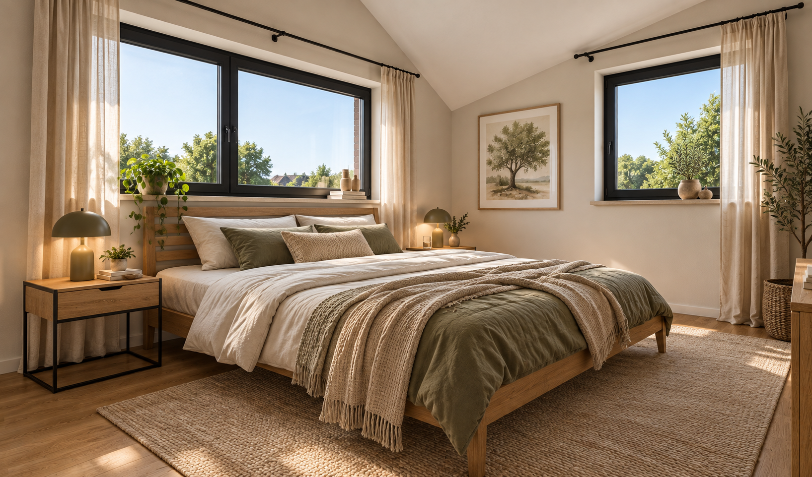 Schlafzimmer mit Dachschräge, Holzboden, Doppelbett und zwei schwarzgerahmten Fenstern mit Gartenblick