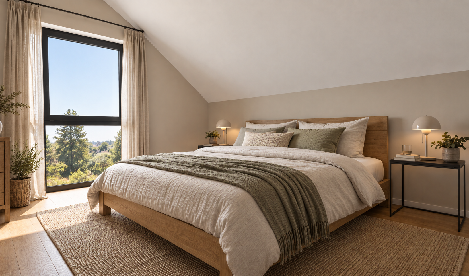 Schlafzimmer mit Dachschräge, Holzbett, hellem Parkett und großem Fenster mit Gartenblick