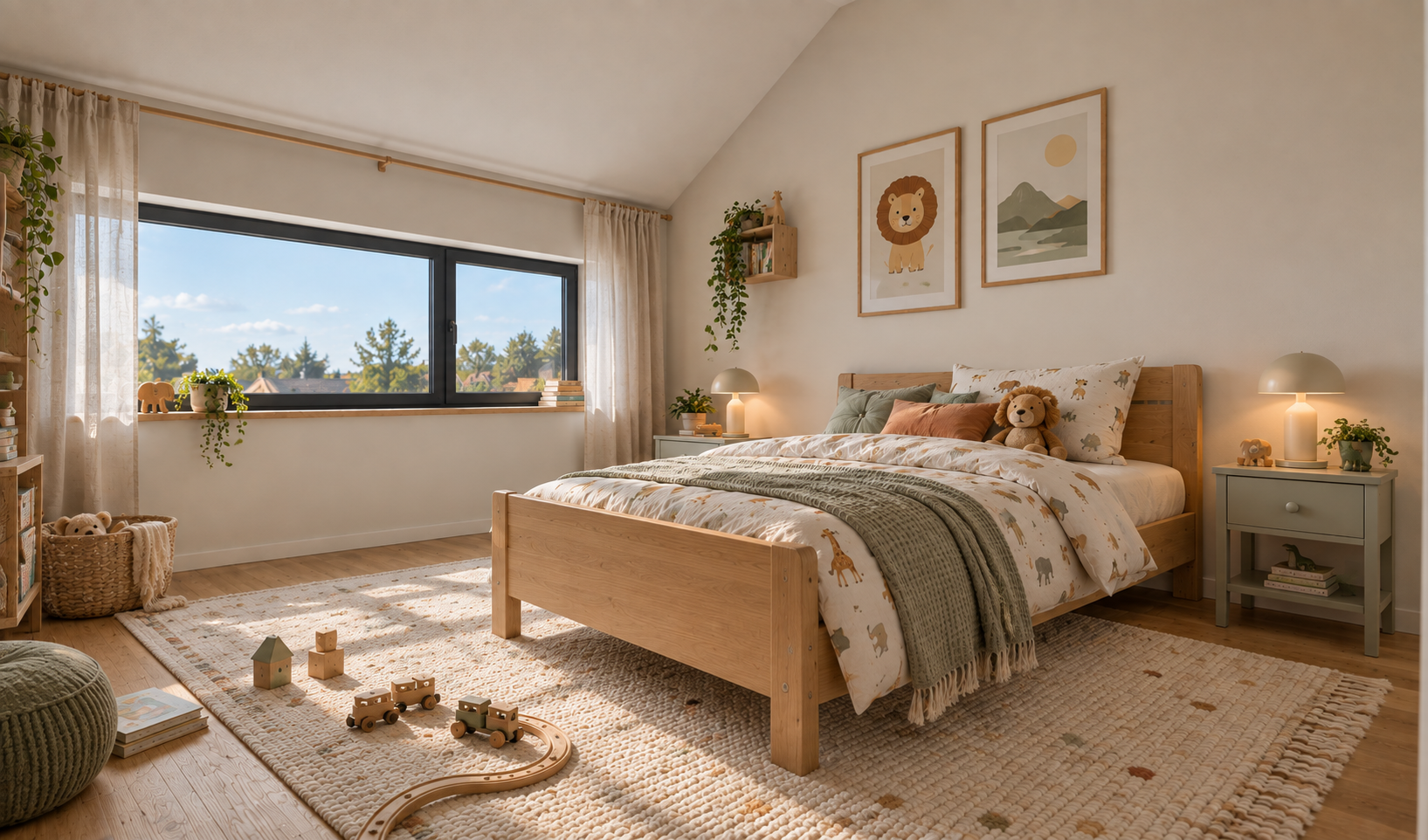 Kinderzimmer mit Dachschräge, Holzbett, Tiermotiv-Bettwäsche und großem Fenster mit Baumblick