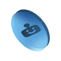 Blue translucent coin with a smiling robot face icon.
