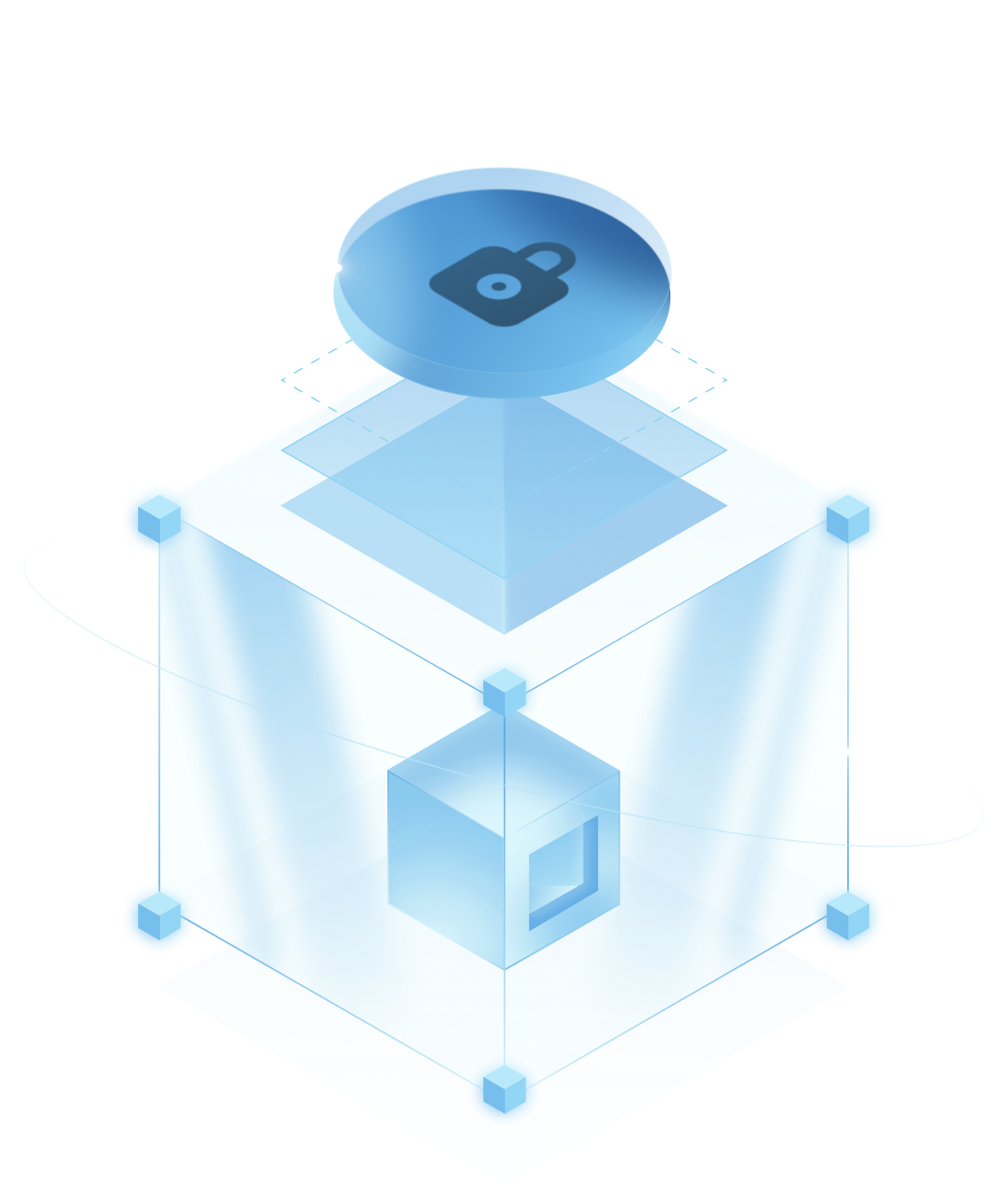 Stylized translucent blue cube with a smaller cube inside and a circular lock icon above it, symbolizing digital security or data protection.