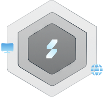 Hexagonal dark layers with a central light blue lightning bolt icon, surrounded by small icons of a monitor and a globe.