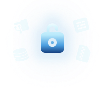 Blue unlocked padlock icon surrounded by cloud computing and data-related icons including a document with question marks, a database stack, a data card, and a list with check marks.