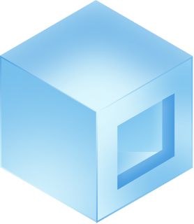 Translucent light blue cube with a square hole through one corner.