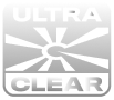 Logo with the text Ultra Clear above and below a central design resembling a stylized sun with rays.