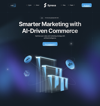 Synexa website homepage featuring AI-driven commerce marketing with glowing 3D charts and futuristic icons on a dark blue background.