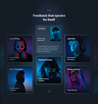 Futuristic testimonial cards with neon-lit portraits and names of professionals including David Miller, Liana Wong, John Doe, Alex Thompson, Sophia Martinez, and Emma Johnson.