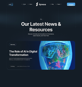 Webpage showing Synexa news section titled 'Our Latest News & Resources' featuring an article on AI in Digital Transformation with an image of a person wearing a virtual reality headset.