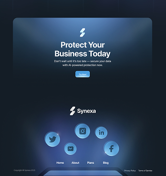 Dark-themed business protection webpage with text 'Protect Your Business Today' and social media icons for Twitter, Instagram, LinkedIn, Facebook, and Email.