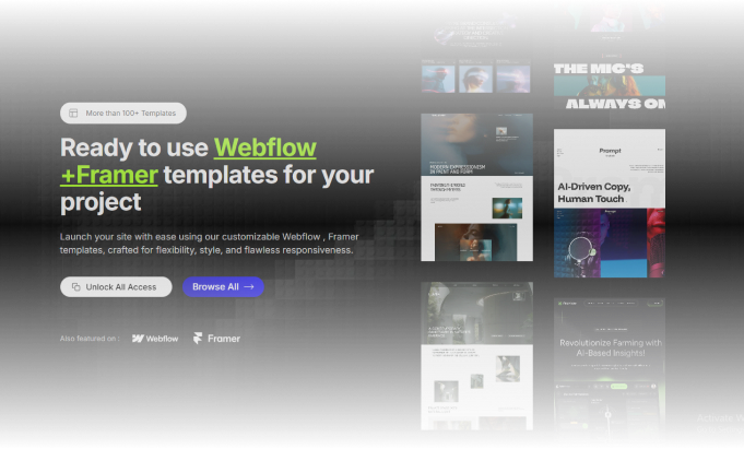 Web page showcasing over 100 customizable Webflow and Framer templates with a dark background and preview images of the templates on the right side.