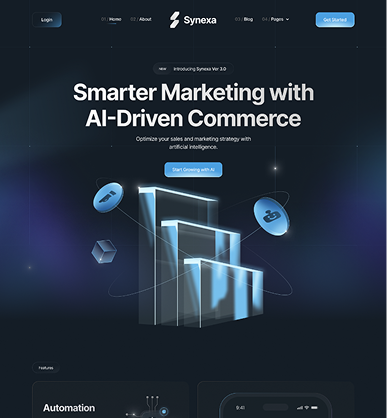 Homepage of Synexa featuring Smarter Marketing with AI-Driven Commerce headline, navigation menu, and futuristic blue 3D bar chart with AI icons.