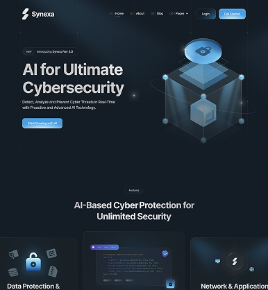 Website homepage for Synexa showcasing AI for ultimate cybersecurity with futuristic 3D lock and cube graphic.