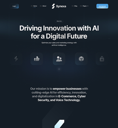 Synexa website homepage with headline 'Driving Innovation with AI for a Digital Future' and mission to empower businesses using AI in E-Commerce, Cyber Security, and Voice Technology.