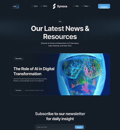 Website homepage showcasing latest news about AI in digital transformation with a futuristic face covered in colorful neon paint wearing VR goggles.