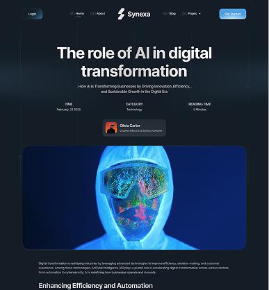 Website header titled 'The role of AI in digital transformation' with an abstract digital face wearing glasses, highlighting technology and innovation.
