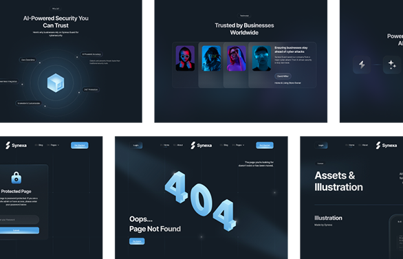 Collage of dark-themed user interface screens including AI security features, trusted businesses profiles, a protected login page, 404 error page, and assets & illustration section.