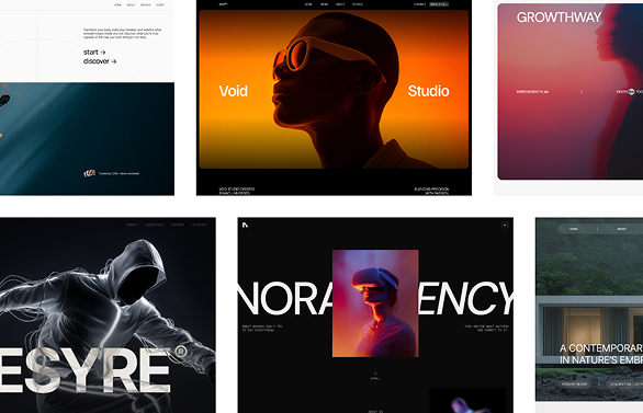 Collage of six website homepage screenshots featuring modern, artistic designs with silhouettes, bold typography, and nature themes.