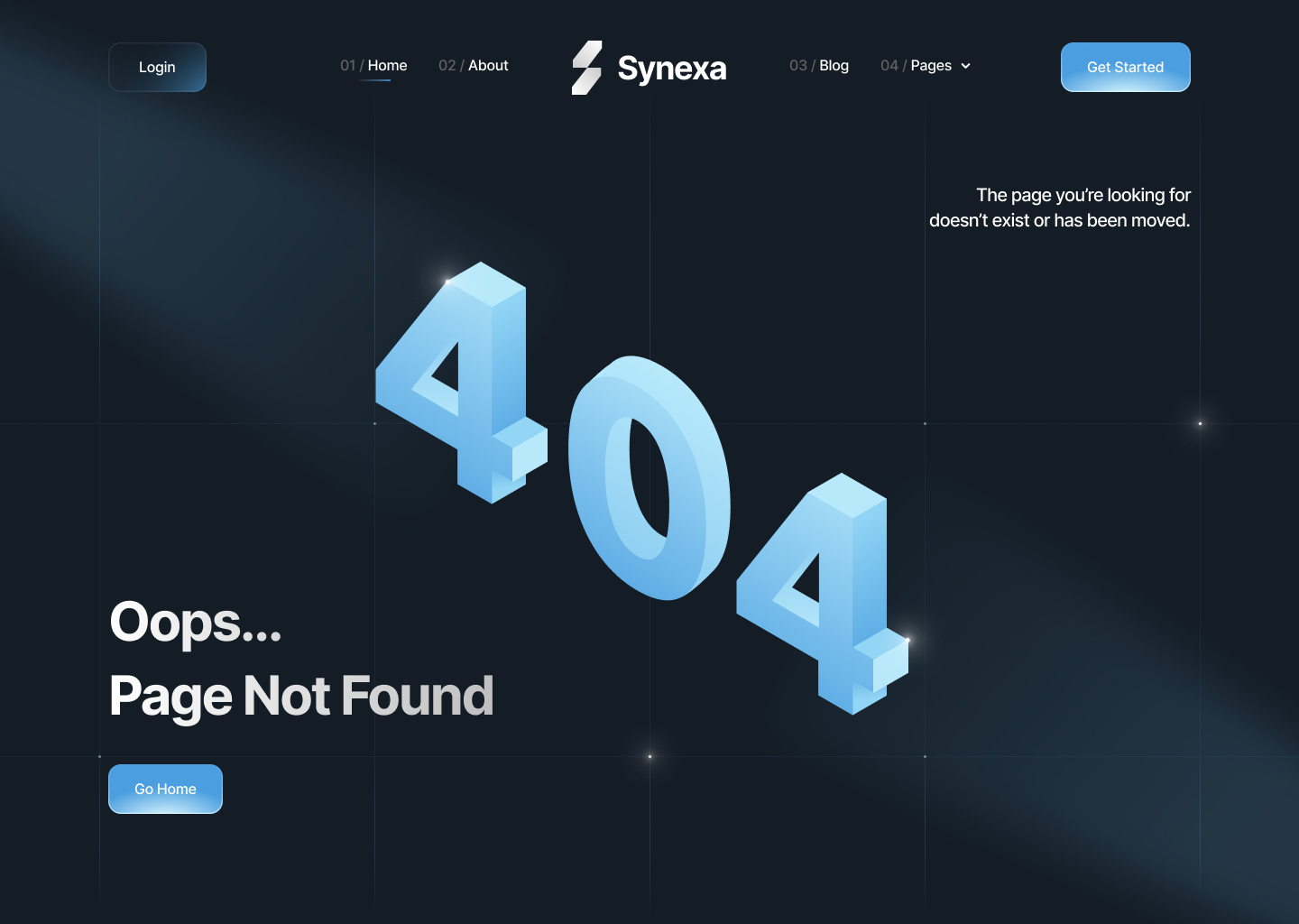 404 error page with large blue 3D numbers and text saying 'Oops... Page Not Found' and a message about the page not existing or being moved.