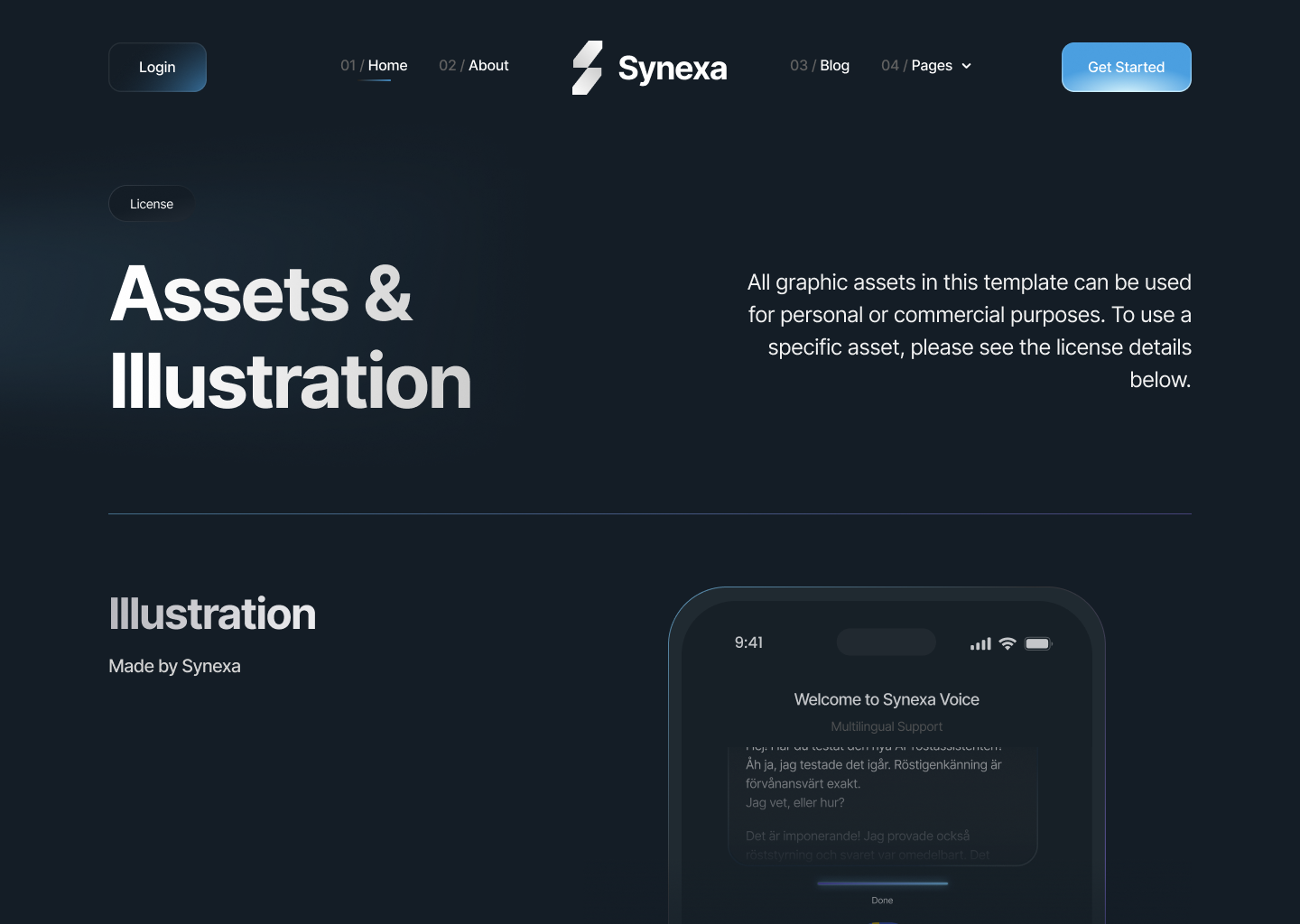 Website page with Synexa logo, navigation menu, and a section titled 'Assets & Illustration' with information on graphic asset usage and a phone screen showing a welcome message for Synexa Voice.