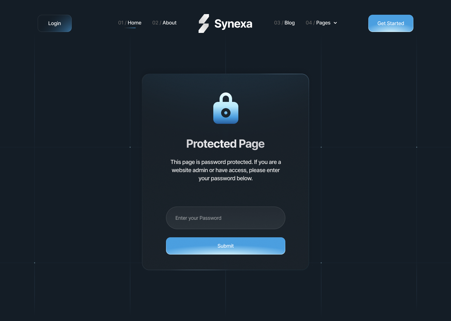 Synexa website protected page with password entry field and submit button under a blue lock icon.