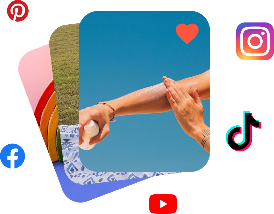 Hand applying sunscreen spray on arm against clear blue sky with social media logos around.