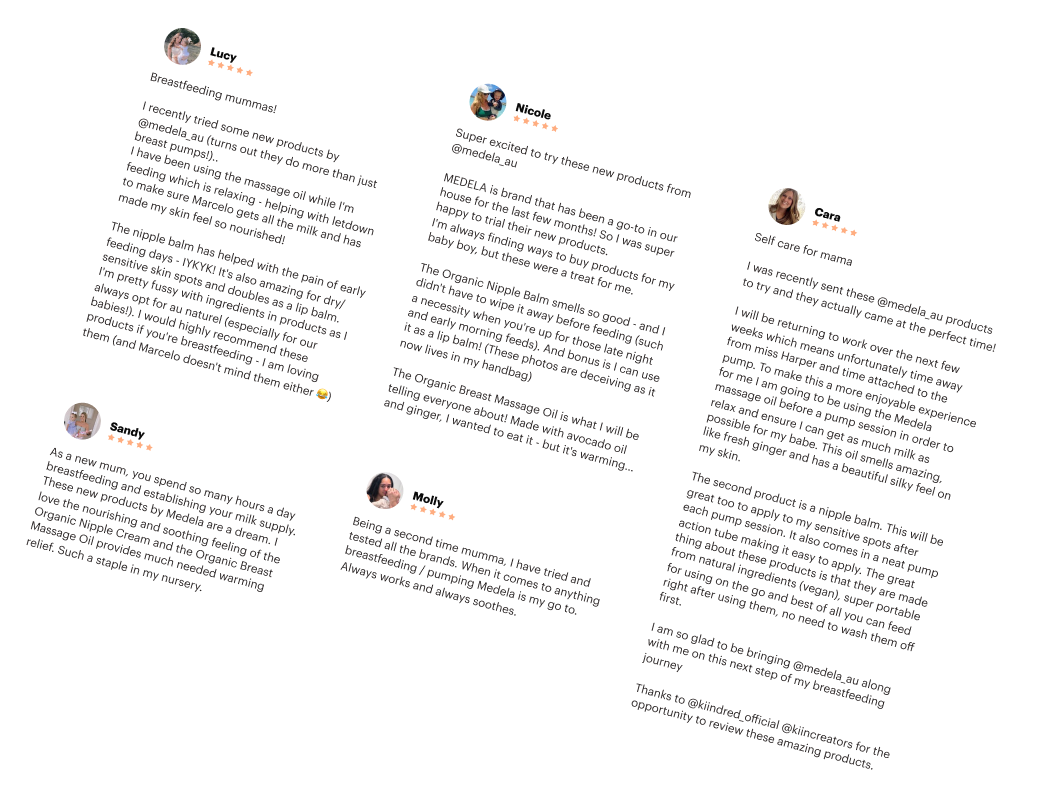 Five angled written reviews from moms praising Medela breastfeeding products, massage oil, and nipple balm.