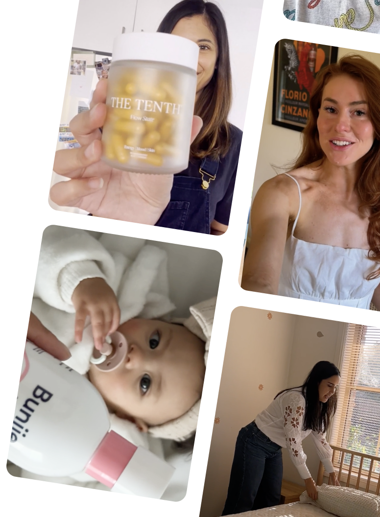 Collage of people showing products, a baby with a pacifier, and a woman arranging a crib.