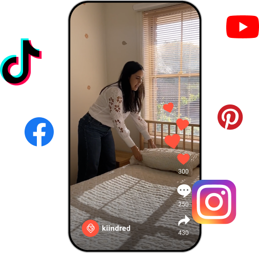 Woman making bed in sunlit room with social media icons and engagement icons overlay on phone screen.